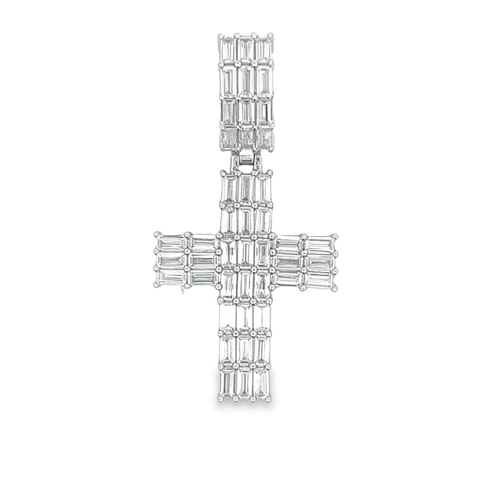 .925 Silver Triple Baguette CZ Iced Out Pendant White Gold HipHopBling