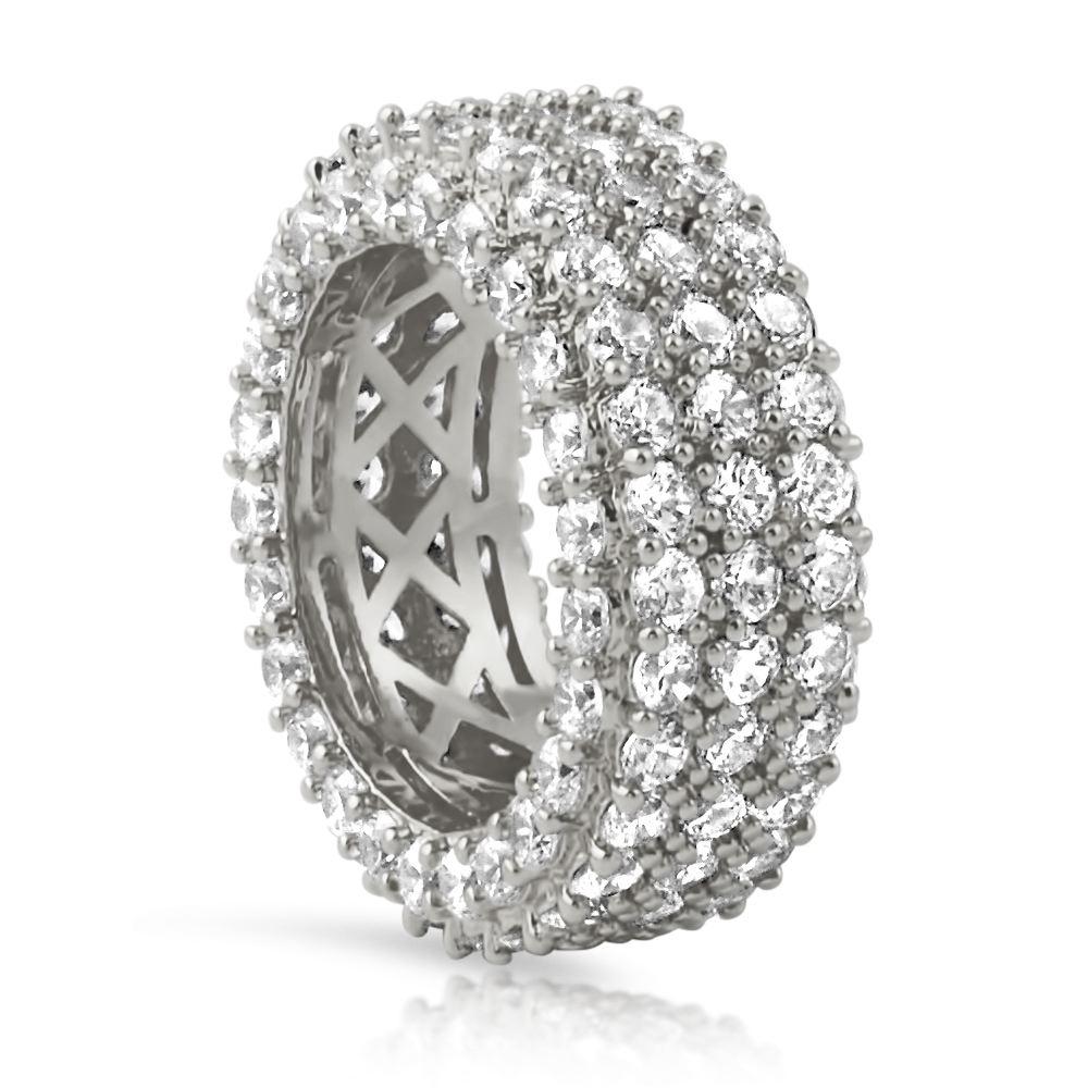 .925 Silver Triple Ice Decker 360 CZ Eternity Hip Hop Ring Band in Rhodium HipHopBling