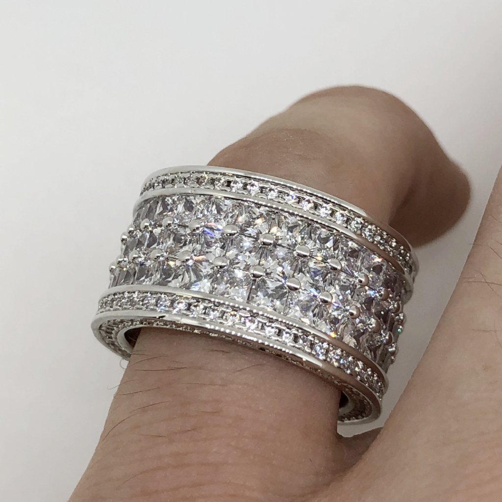 .925 Silver Triple Princess Cut Eternity Band CZ Bling Ring Rhodium 7 HipHopBling