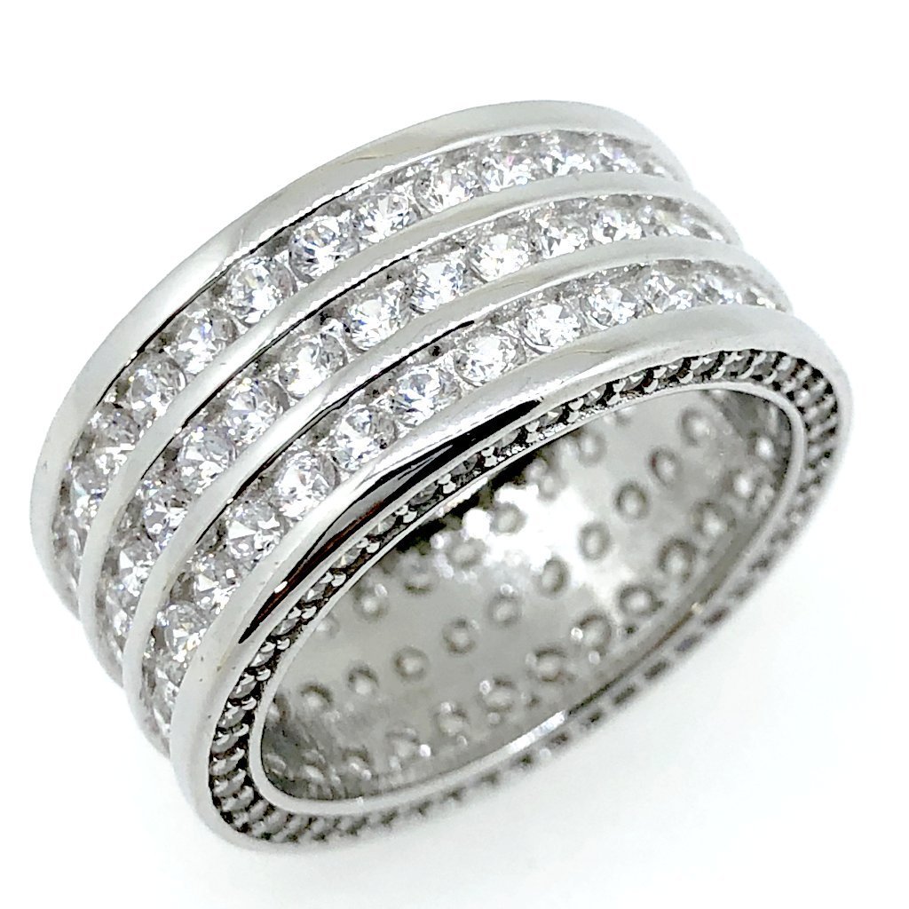 .925 Silver Triple Row CZ Eternity Band Bling Bling Ring in Rhodium HipHopBling