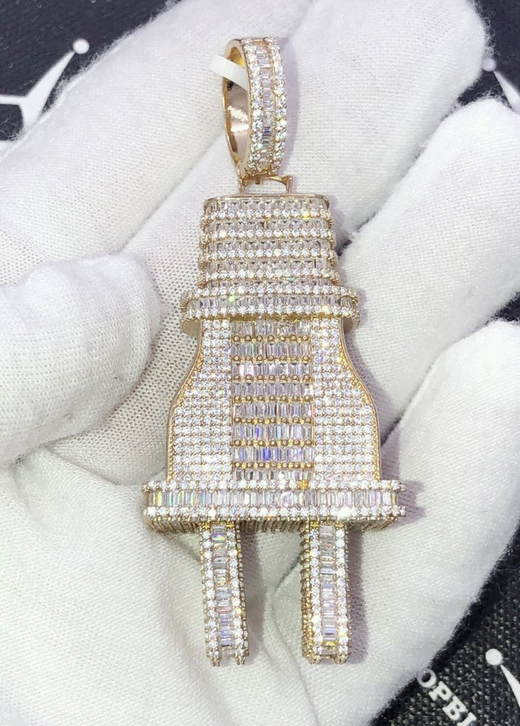 .925 Silver XL 3D Baguette PLUG VVS CZ Iced Out Pendant Yellow Gold HipHopBling