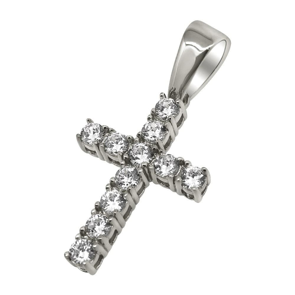 .925 Sterling Silver 3MM CZ Tennis Cross White Gold HipHopBling