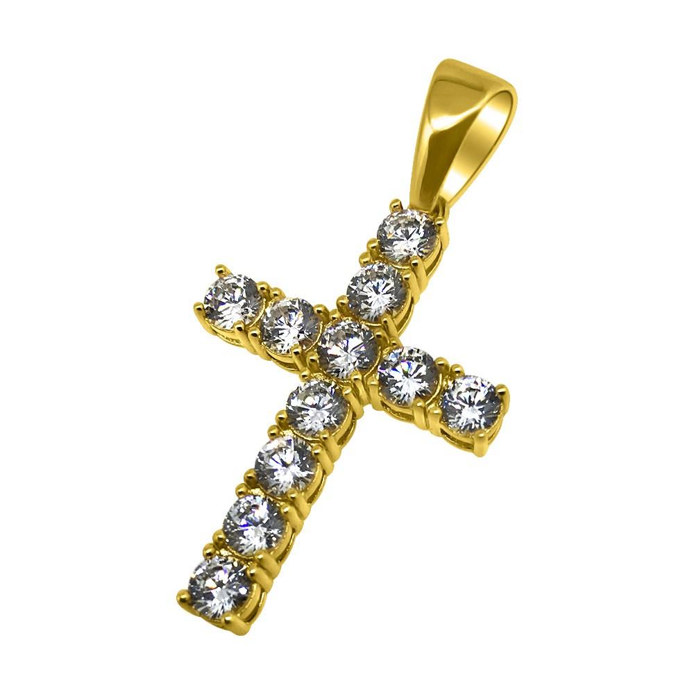 .925 Sterling Silver 4MM CZ Tennis Cross Yellow Gold HipHopBling