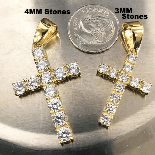 .925 Sterling Silver 4MM CZ Tennis Cross Yellow Gold HipHopBling