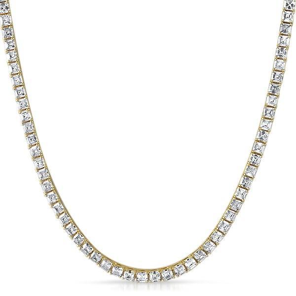 .925 Sterling Silver Asscher 4MM 1 Row CZ Tennis Chain Yellow Gold 18" HipHopBling