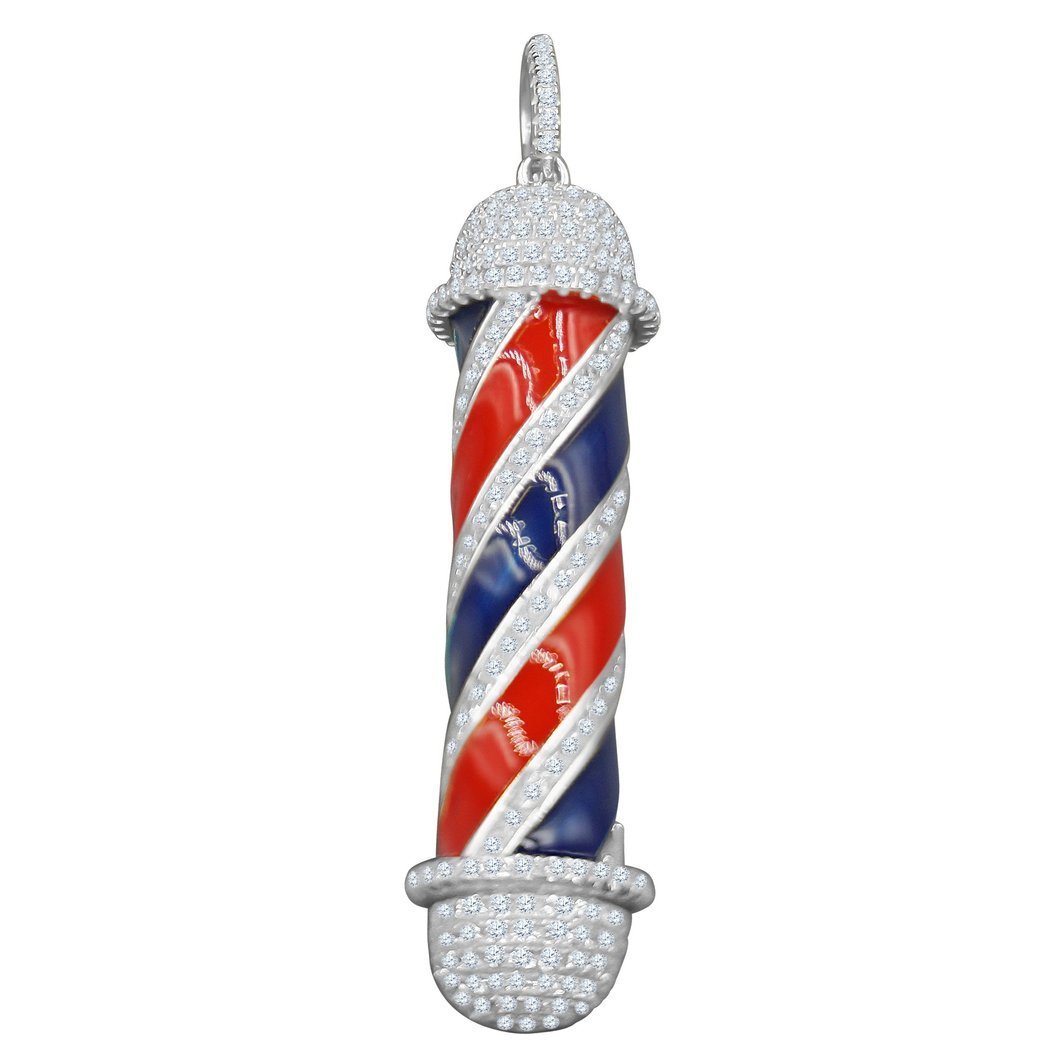 .925 Sterling Silver Barber Pole Enamel VVS CZ Iced Out Pendant Yellow Gold HipHopBling