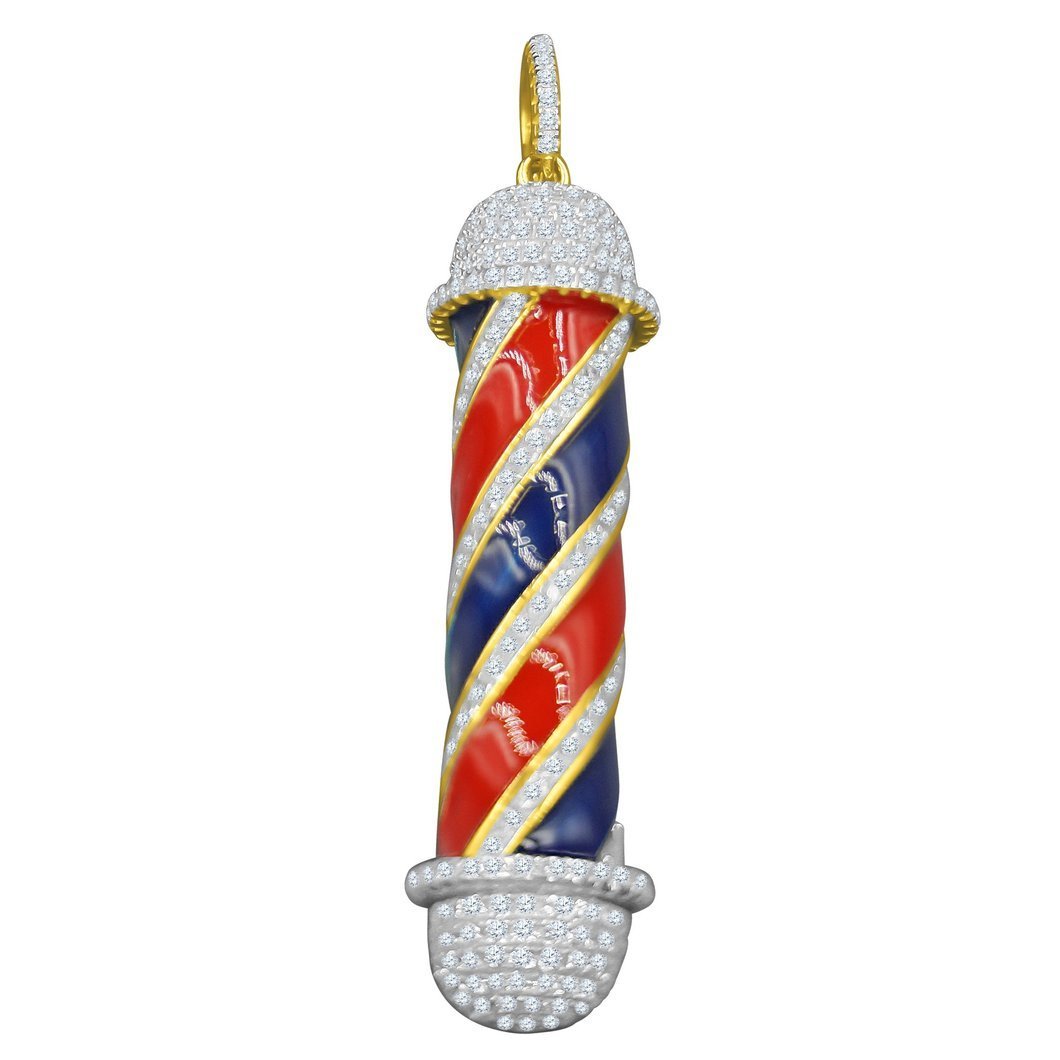 .925 Sterling Silver Barber Pole Enamel VVS CZ Iced Out Pendant Yellow Gold HipHopBling