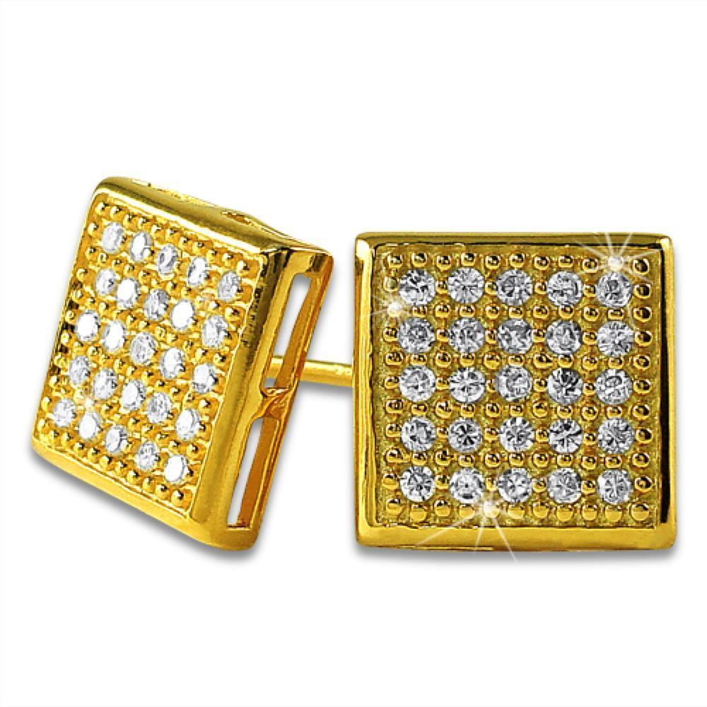 .925 Sterling Silver Box CZ Earrings | 5 Colors | 6 Sizes Yellow Gold 5MM (3x3 ROWS) HipHopBling
