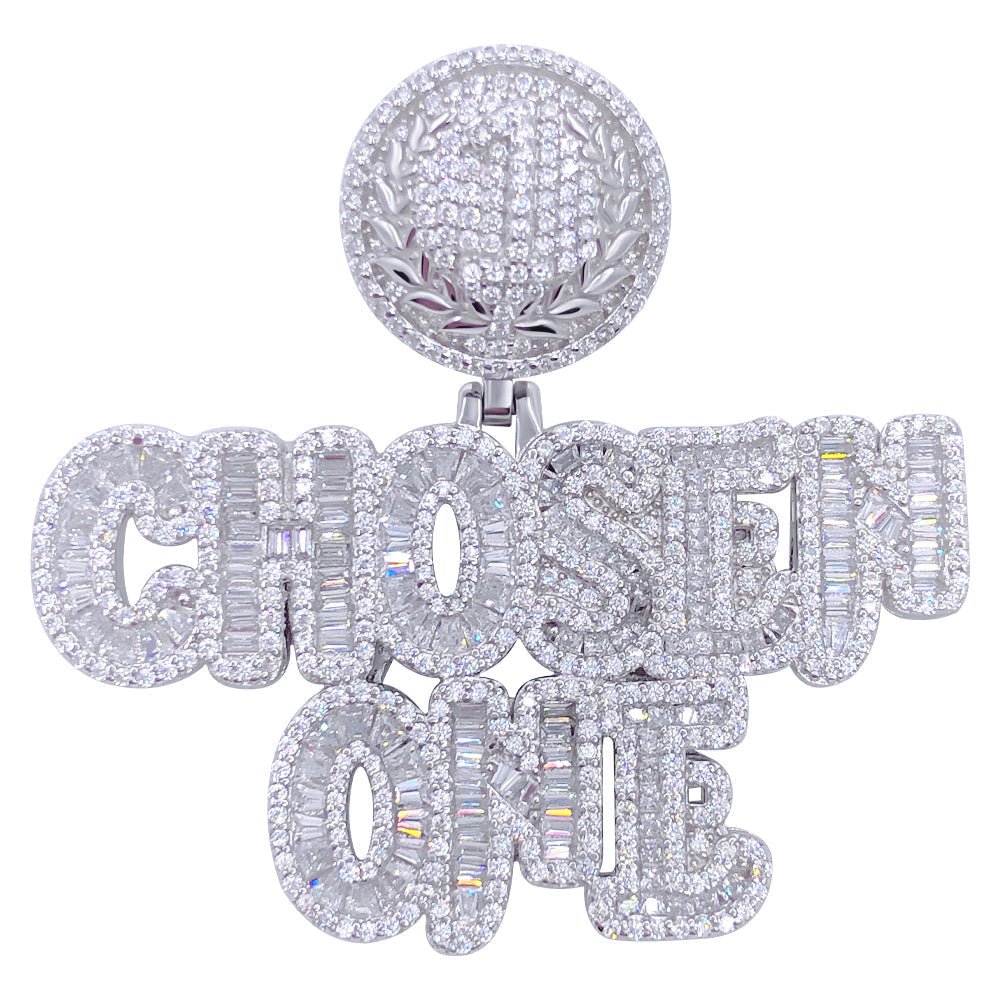 .925 Sterling Silver Chosen One Baguette VVS CZ Iced Out Pendant White Gold HipHopBling