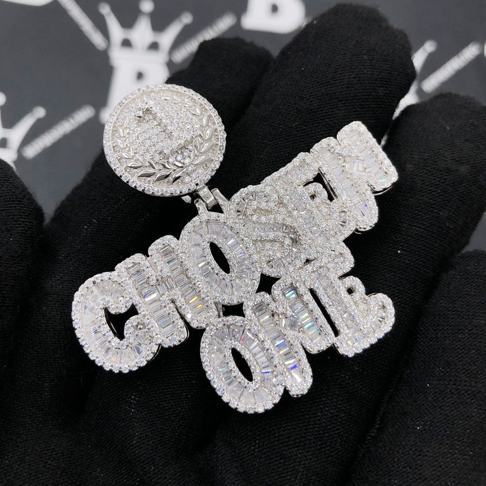 .925 Sterling Silver Chosen One Baguette VVS CZ Iced Out Pendant White Gold HipHopBling