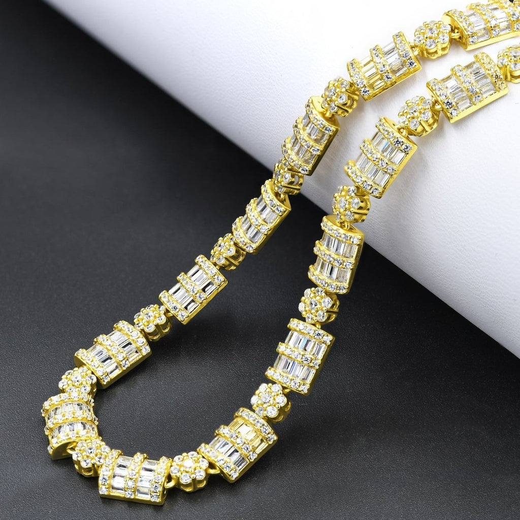.925 Sterling Silver Cluster & Baguette Dome CZ Iced Out Chain Yellow Gold 20" HipHopBling