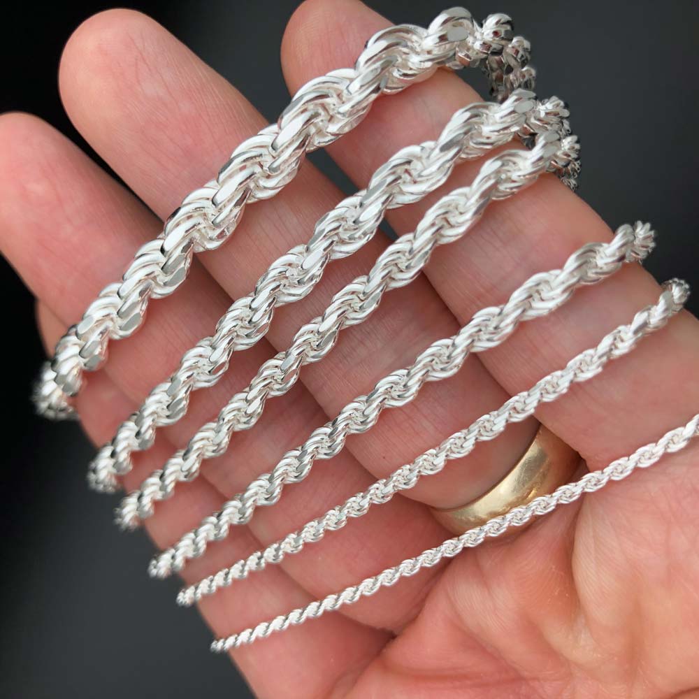 .925 Sterling Silver Diamond Cut Rope Chain / Bracelet 1.5MM 16" HipHopBling
