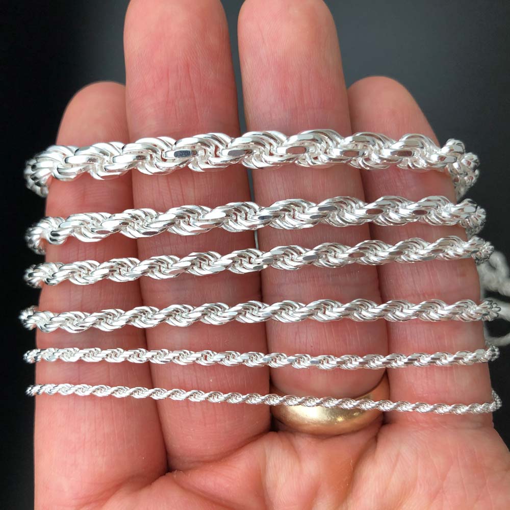 .925 Sterling Silver Diamond Cut Rope Chain / Bracelet 1.5MM 16" HipHopBling