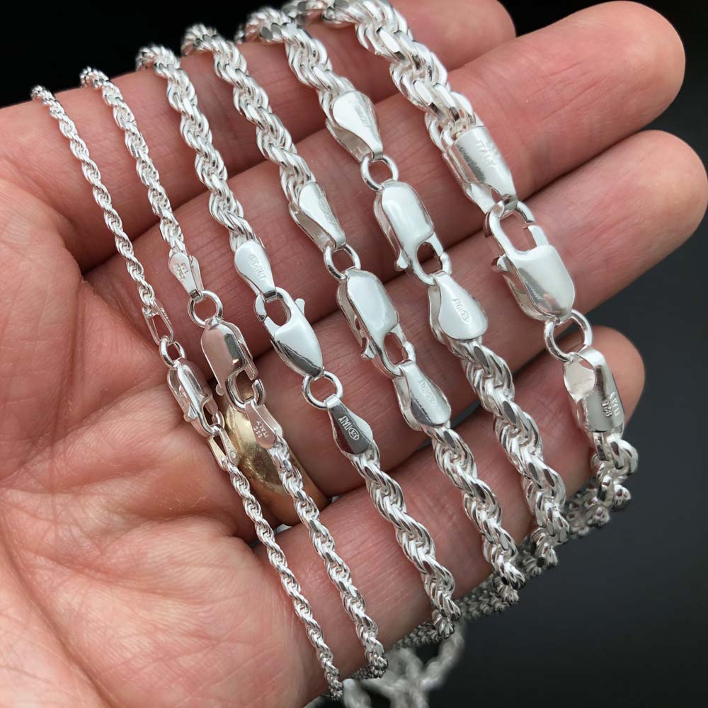 .925 Sterling Silver Diamond Cut Rope Chain / Bracelet 1.5MM 16" HipHopBling