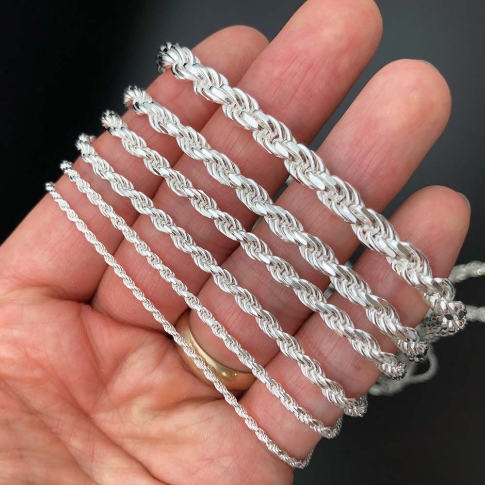.925 Sterling Silver Diamond Cut Rope Chain / Bracelet 1.5MM 16" HipHopBling