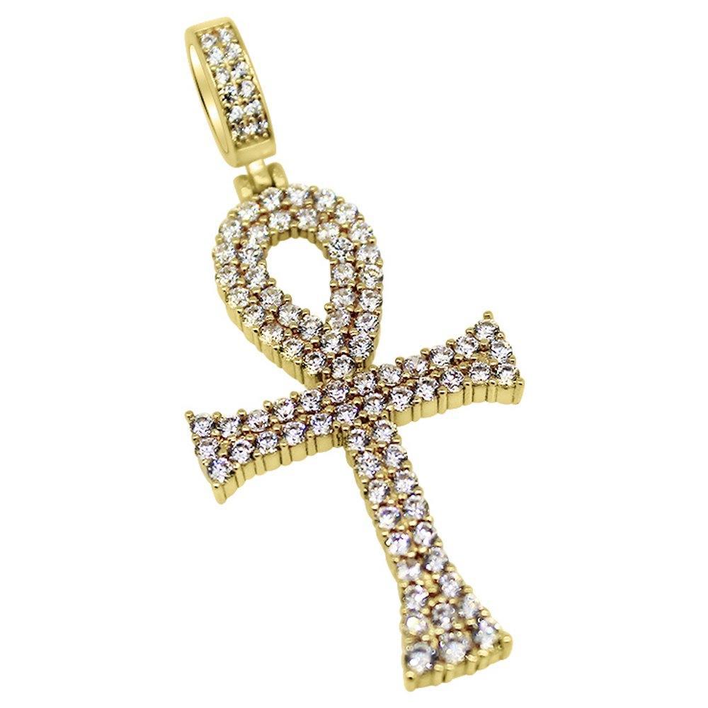 .925 Sterling Silver Double Iced Out Ankh CZ Cross White Gold HipHopBling