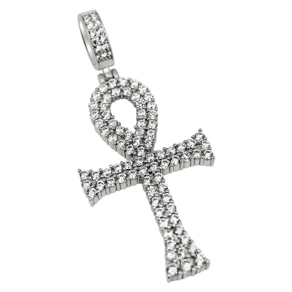 .925 Sterling Silver Double Iced Out Ankh CZ Cross White Gold HipHopBling