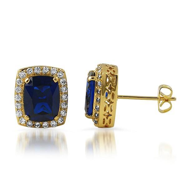 .925 Sterling Silver Gold Lab Sapphire Blue Gem Earrings HipHopBling