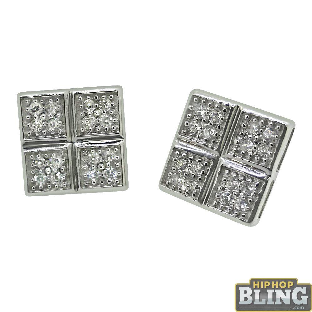 .925 Sterling Silver Quad Box CZ Earrings HipHopBling
