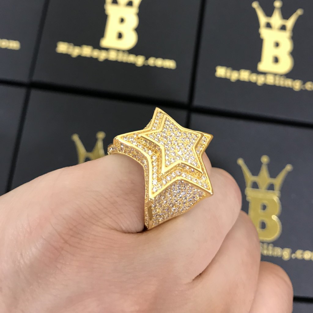 .925 Sterling Silver Super Star Gold CZ Bling Bling Ring HipHopBling