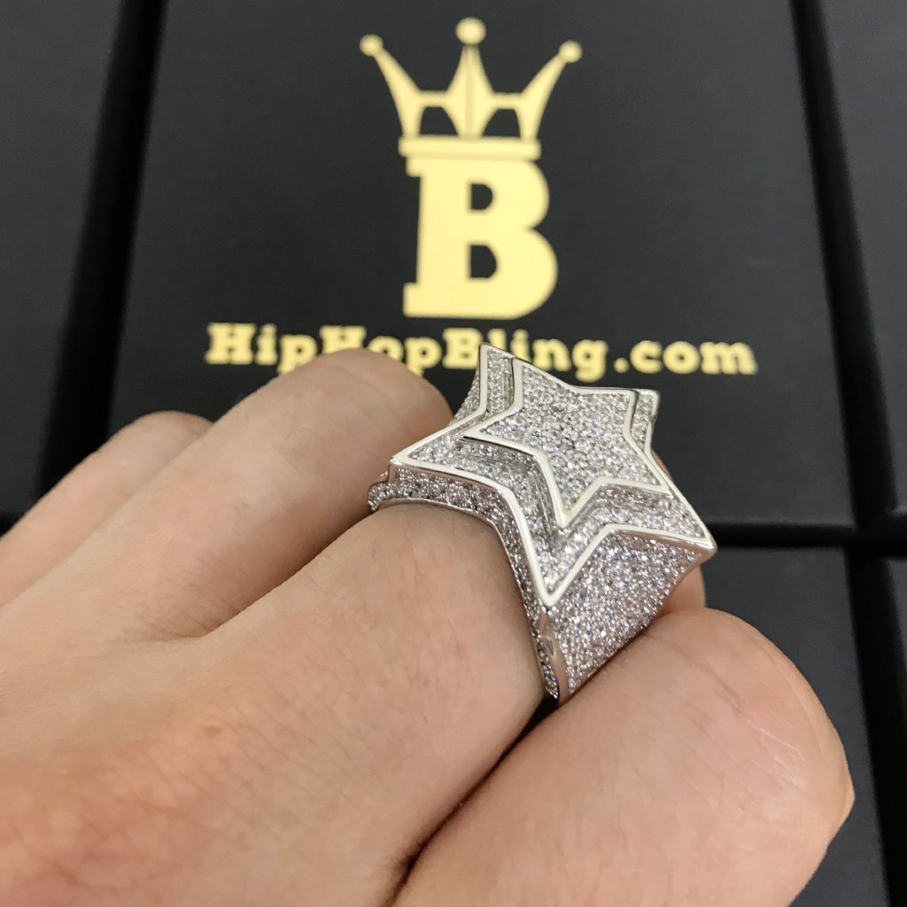 .925 Sterling Silver Super Star Rhodium CZ Bling Ring HipHopBling
