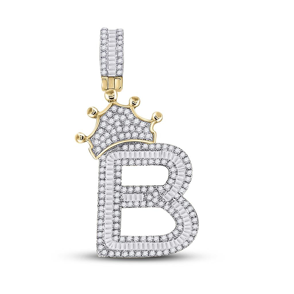 A-Z Crown Letter Initial Baguette Diamond Pendant 10K Yellow Gold B HipHopBling