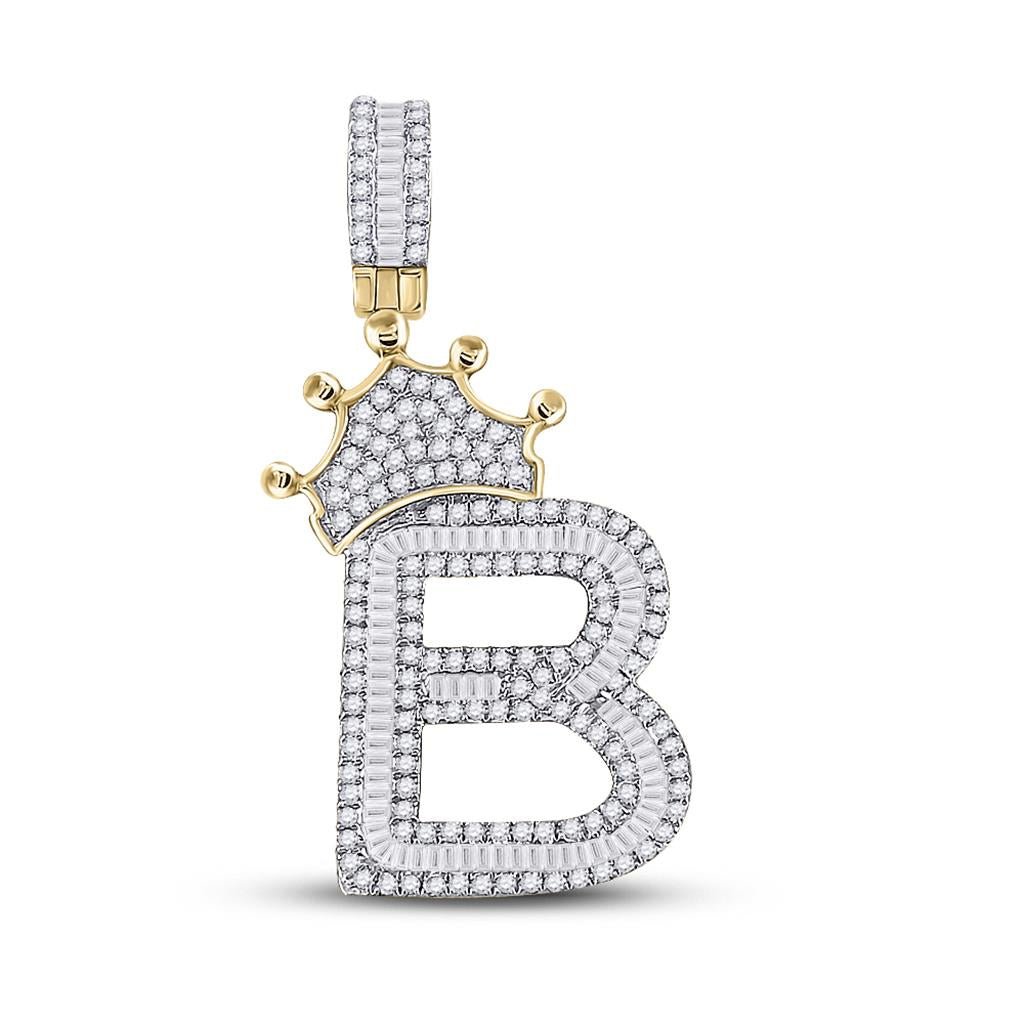 A - Z Crown Letter Initial Baguette Diamond Pendant 10K Yellow Gold B HipHopBling