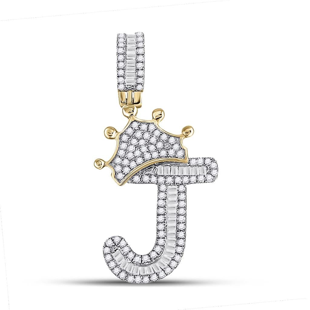 A - Z Crown Letter Initial Baguette Diamond Pendant 10K Yellow Gold J HipHopBling