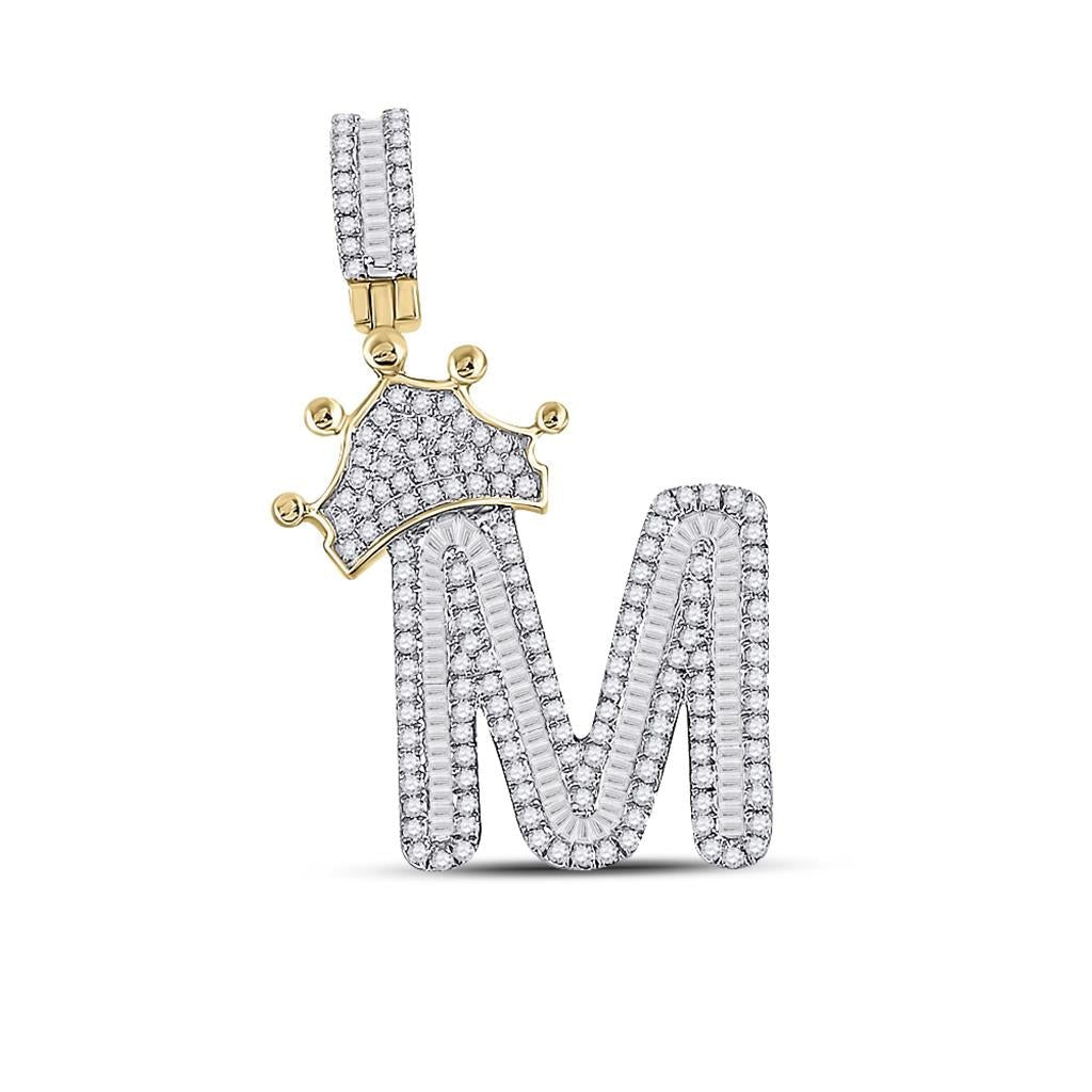 A - Z Crown Letter Initial Baguette Diamond Pendant 10K Yellow Gold M HipHopBling