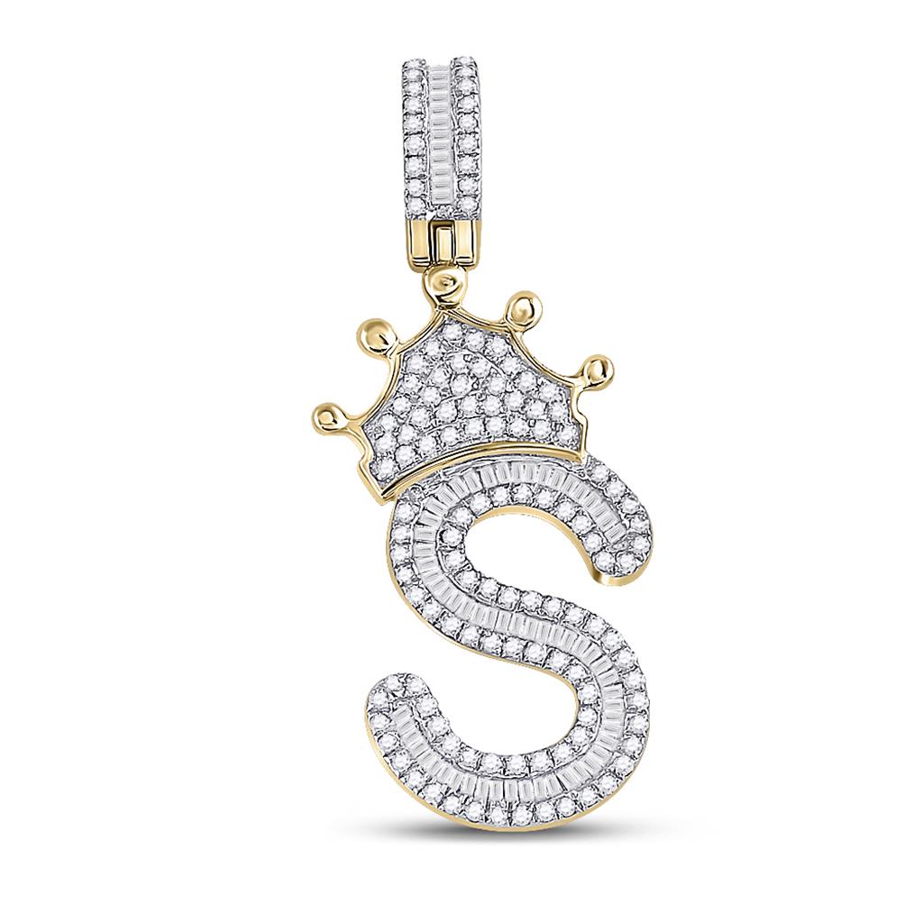 A - Z Crown Letter Initial Baguette Diamond Pendant 10K Yellow Gold S HipHopBling