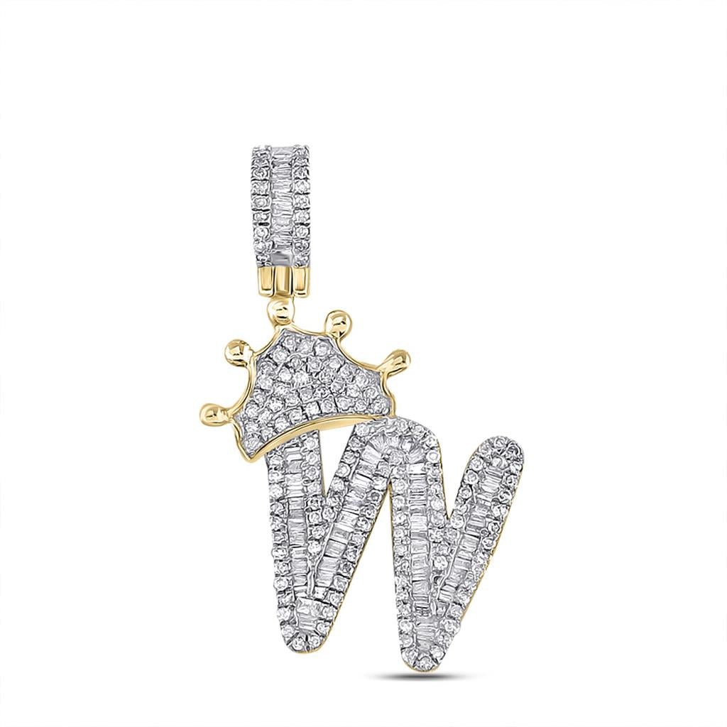 A - Z Crown Letter Initial Baguette Diamond Pendant 10K Yellow Gold W HipHopBling