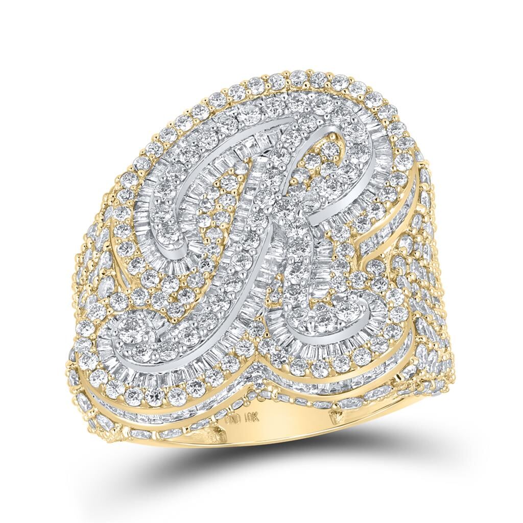 A-Z Initial Cursive Baguette Diamond Ring 10K Yellow Gold R HipHopBling