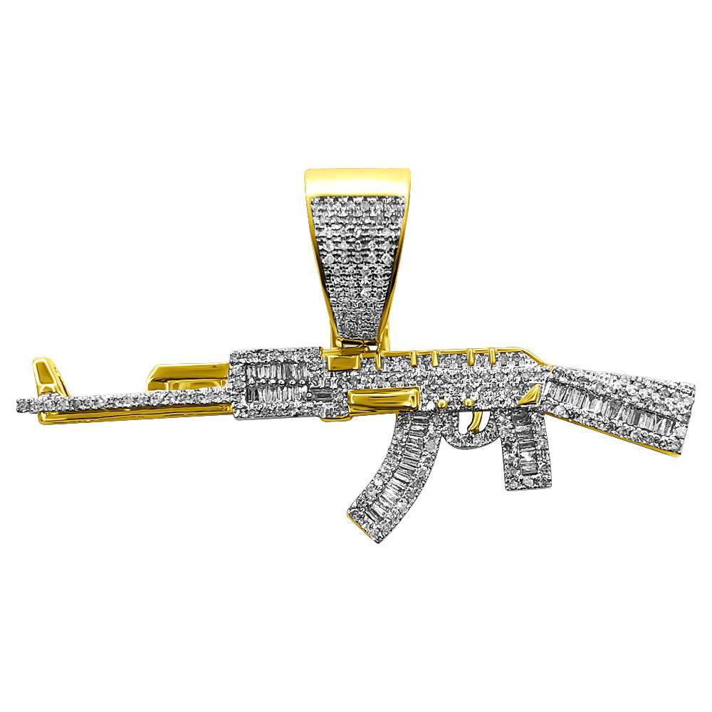 AK - 47 Rifle Baguette Diamond Pendant .75cttw 10K Yellow Gold AK47 HipHopBling