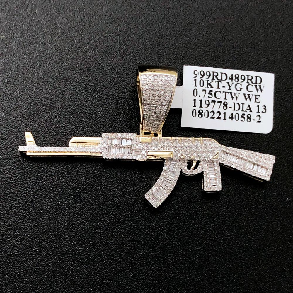 AK-47 Rifle Baguette Diamond Pendant .75cttw 10K Yellow Gold AK47 HipHopBling