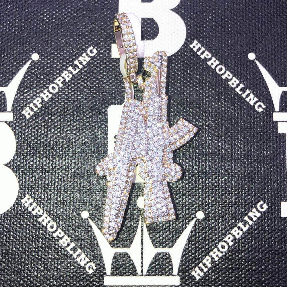 AK Gun Letters CZ Hip Hop Bling Bling Pendant Yellow Gold HipHopBling