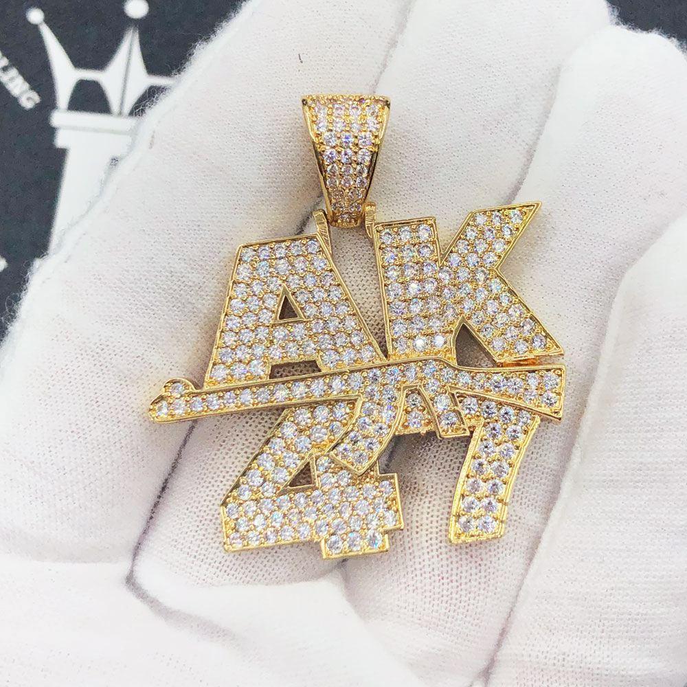 AK47 Design Iced Out Hip Hop Pendant Yellow Gold HipHopBling