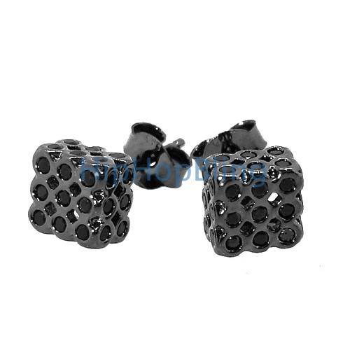 All Black 3D Bezel Cube .925 Silver Iced Out Earrings HipHopBling