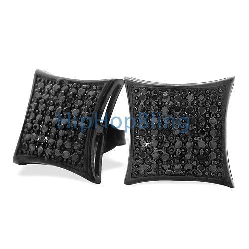 All Black Large Puffed Kite CZ Micro Pave Earrings .925 Silver HipHopBling