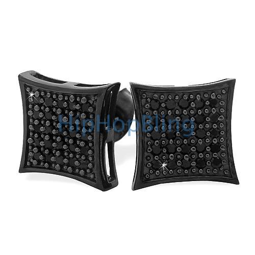All Black Medium Kite Silver CZ Micro Pave Iced Out Earrings HipHopBling