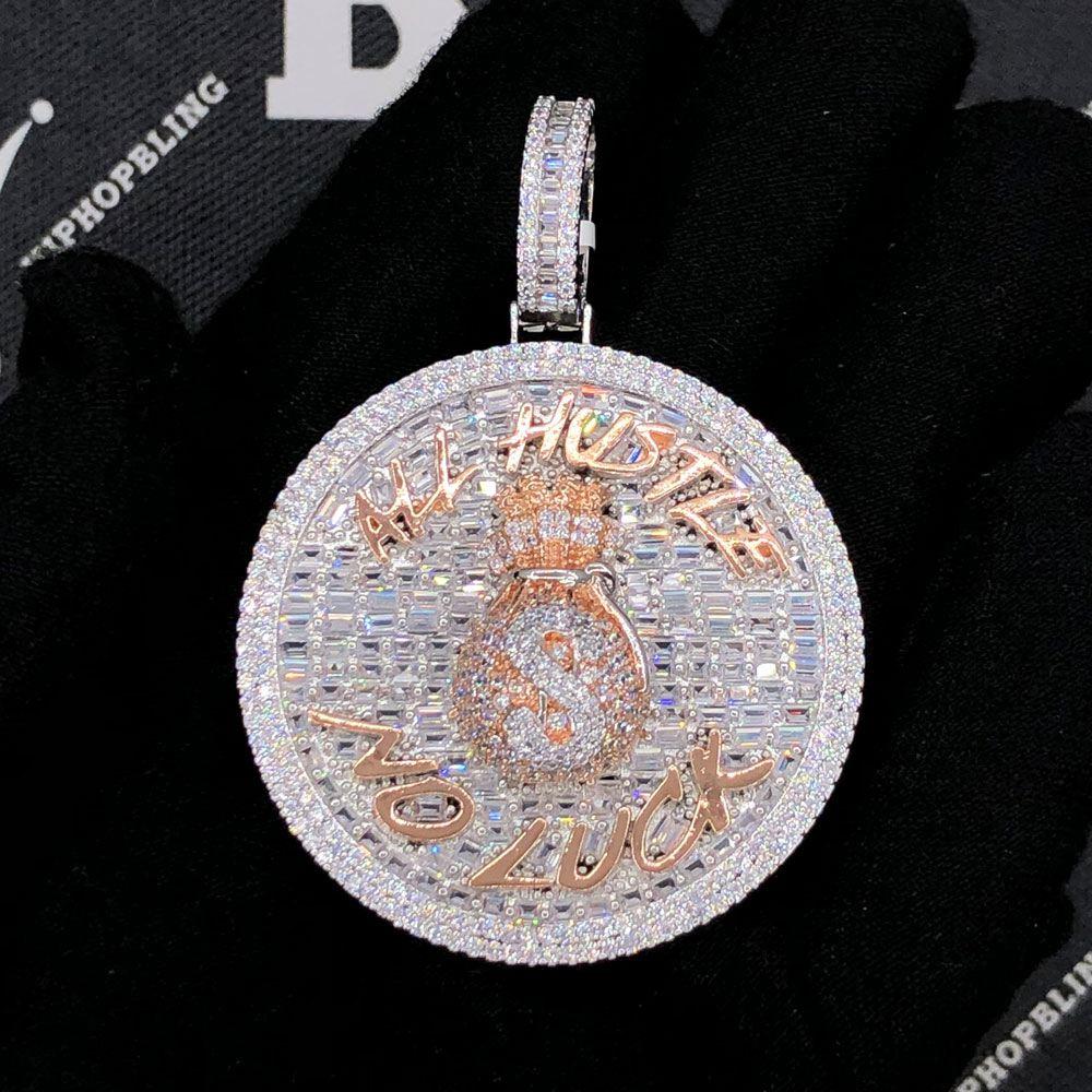 All Hustle No Luck VVS CZ Hip Hop Baguette Iced Out Pendant White Gold HipHopBling