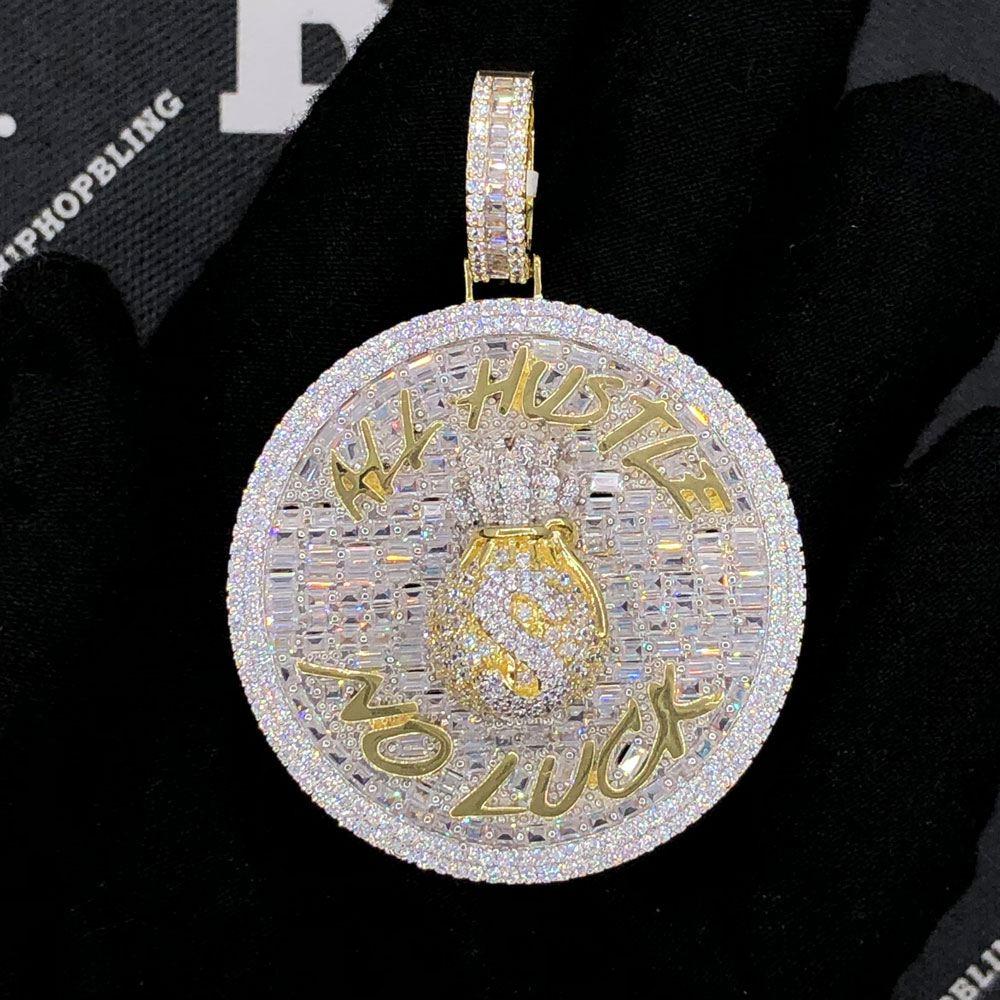 All Hustle No Luck VVS CZ Hip Hop Baguette Iced Out Pendant Yellow Gold HipHopBling