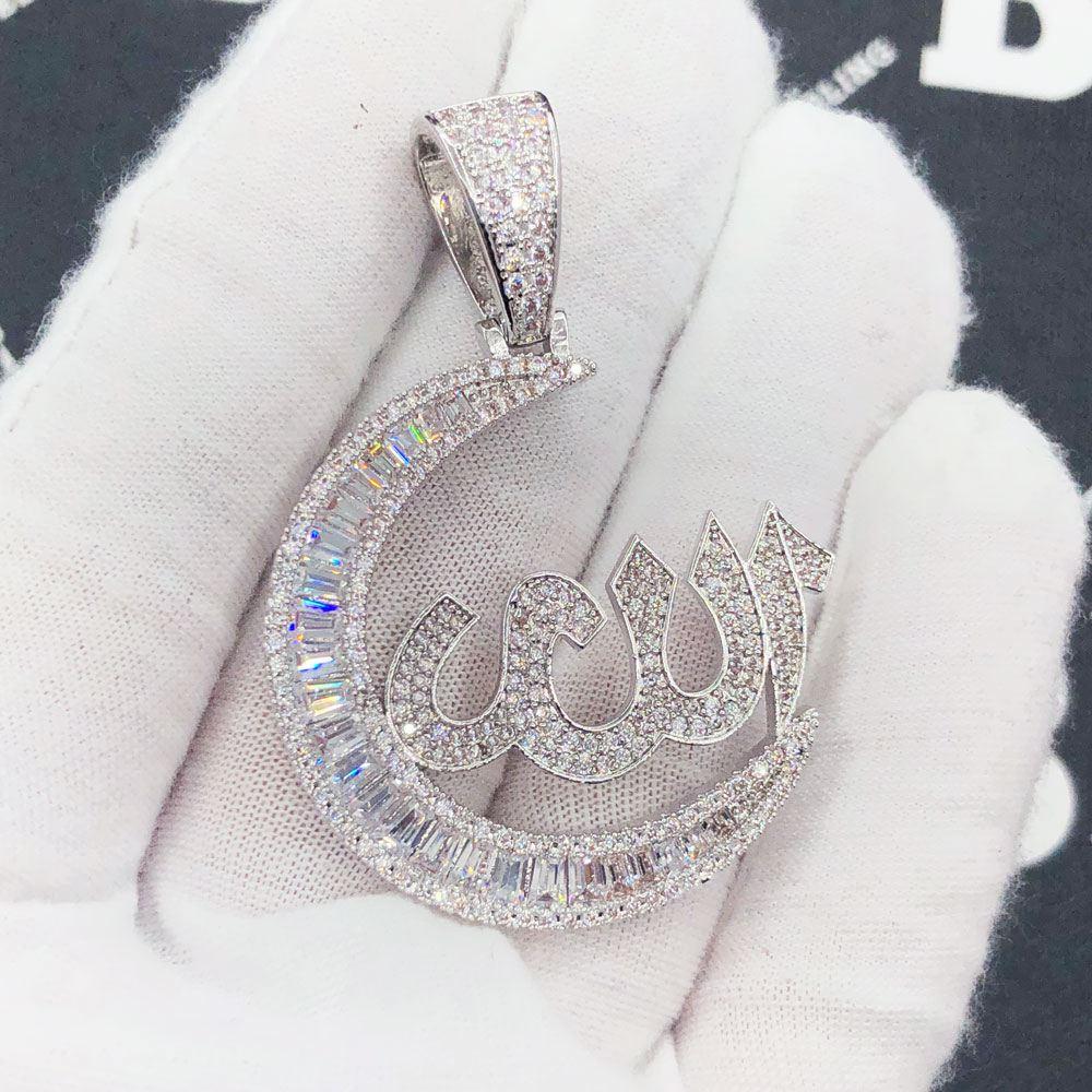 Allah Crescent Iced Out Hip Hop Pendant White Gold HipHopBling