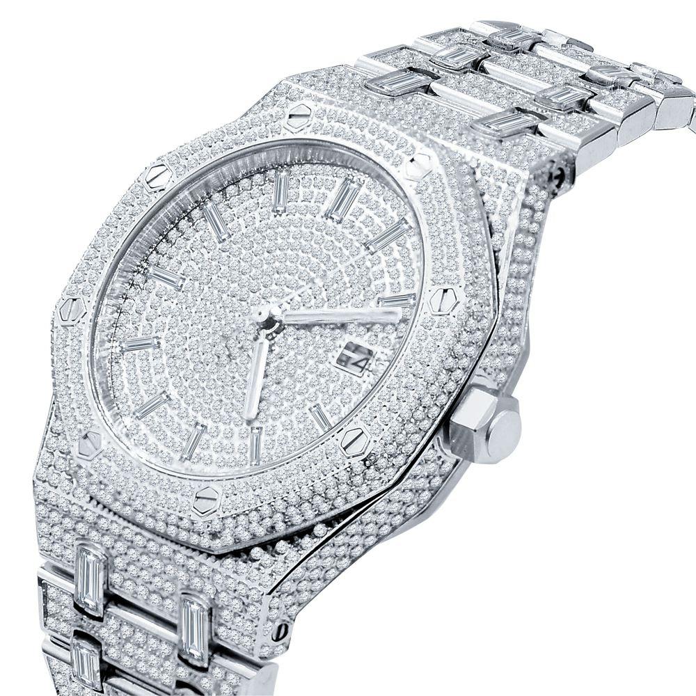 Amazing CZ Full Bustdown Iced Out Watch White Gold HipHopBling