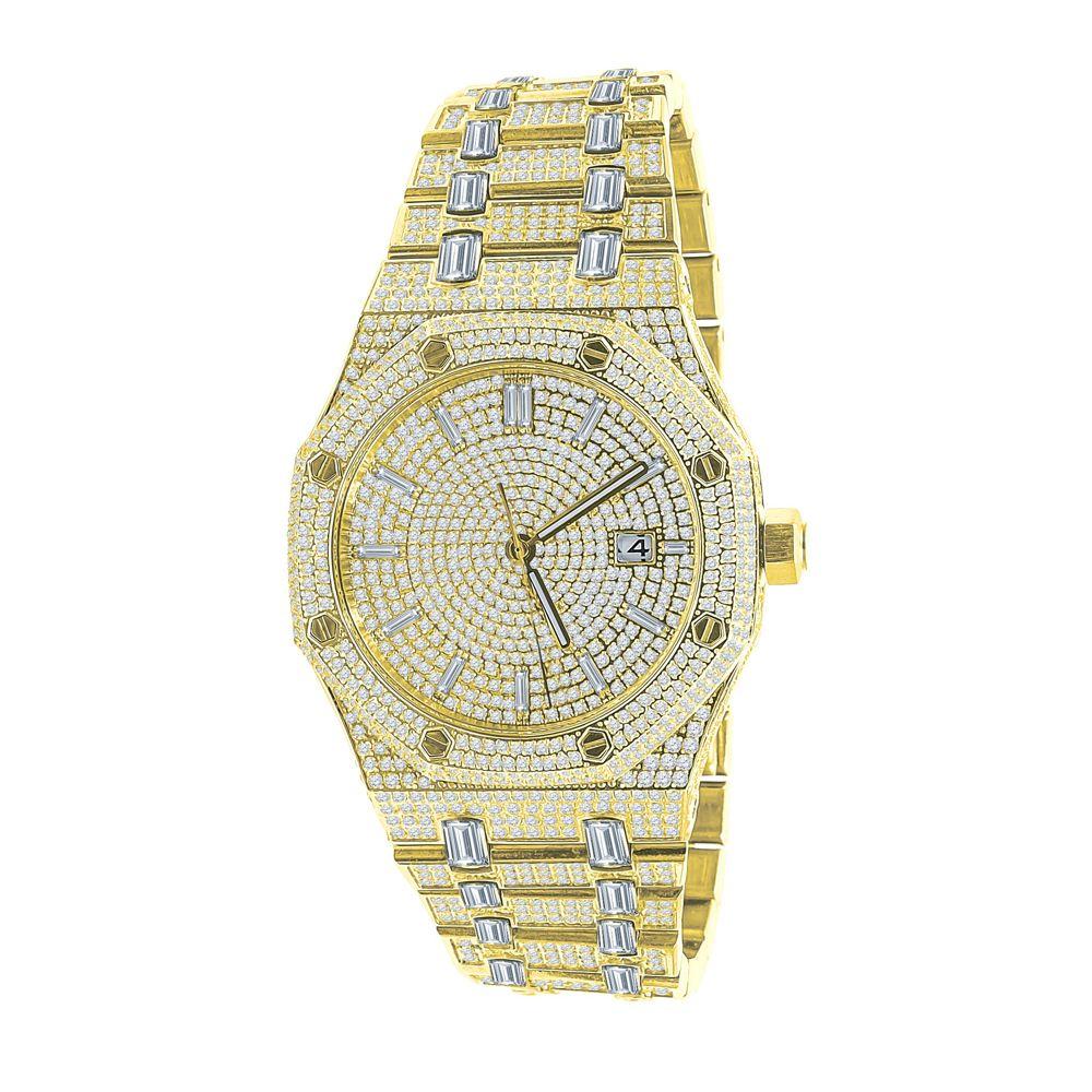 Amazing CZ Full Bustdown Iced Out Watch Yellow Gold HipHopBling