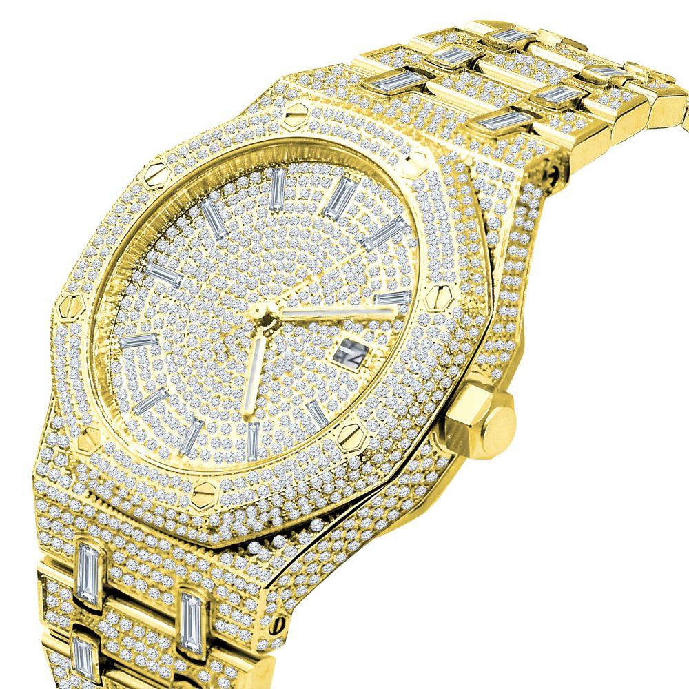 Amazing CZ Full Bustdown Iced Out Watch Yellow Gold HipHopBling