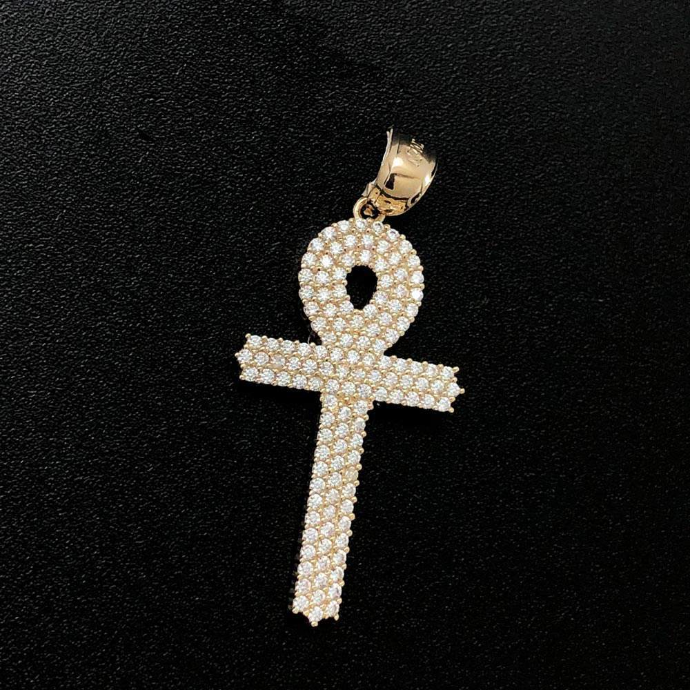 Anhk Cross Triple Row CZ 10K Yellow Gold Pendant HipHopBling