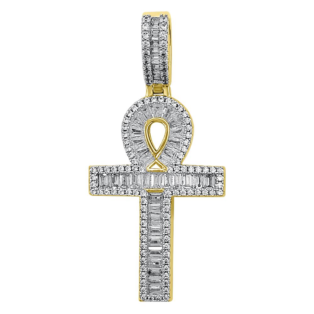 Ankh Cross Baguette VVS CZ Hip Hop Iced Out Pendant Yellow Gold HipHopBling