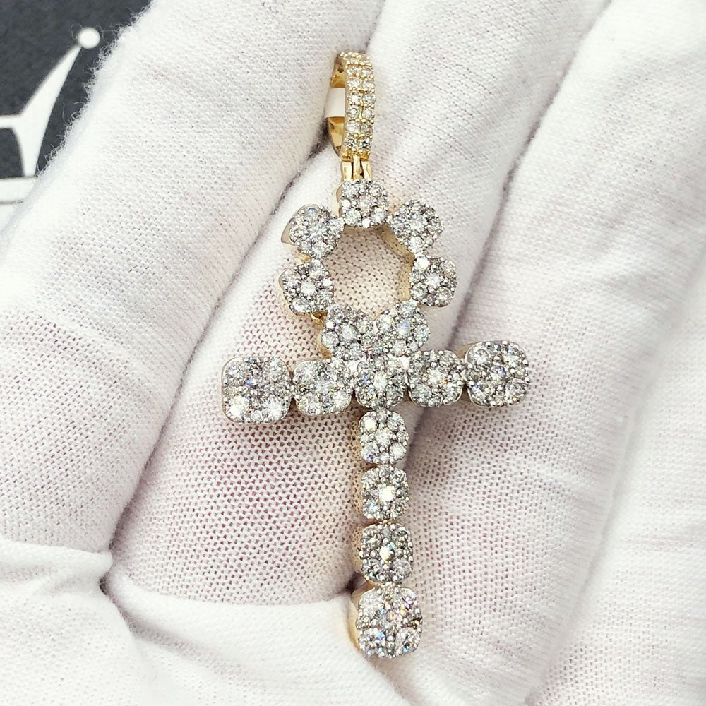 Ankh Cross Cluster Expanding Diamond Pendant 2.46cttw 10K Yellow Gold HipHopBling