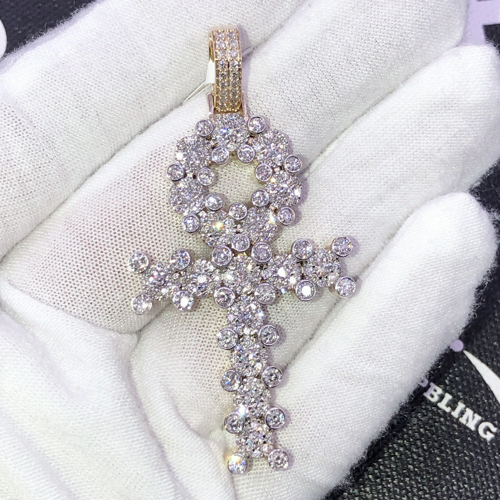 Ankh Cross Cluster Prong Diamond Pendant 3.51cttw 10K Yellow Gold HipHopBling