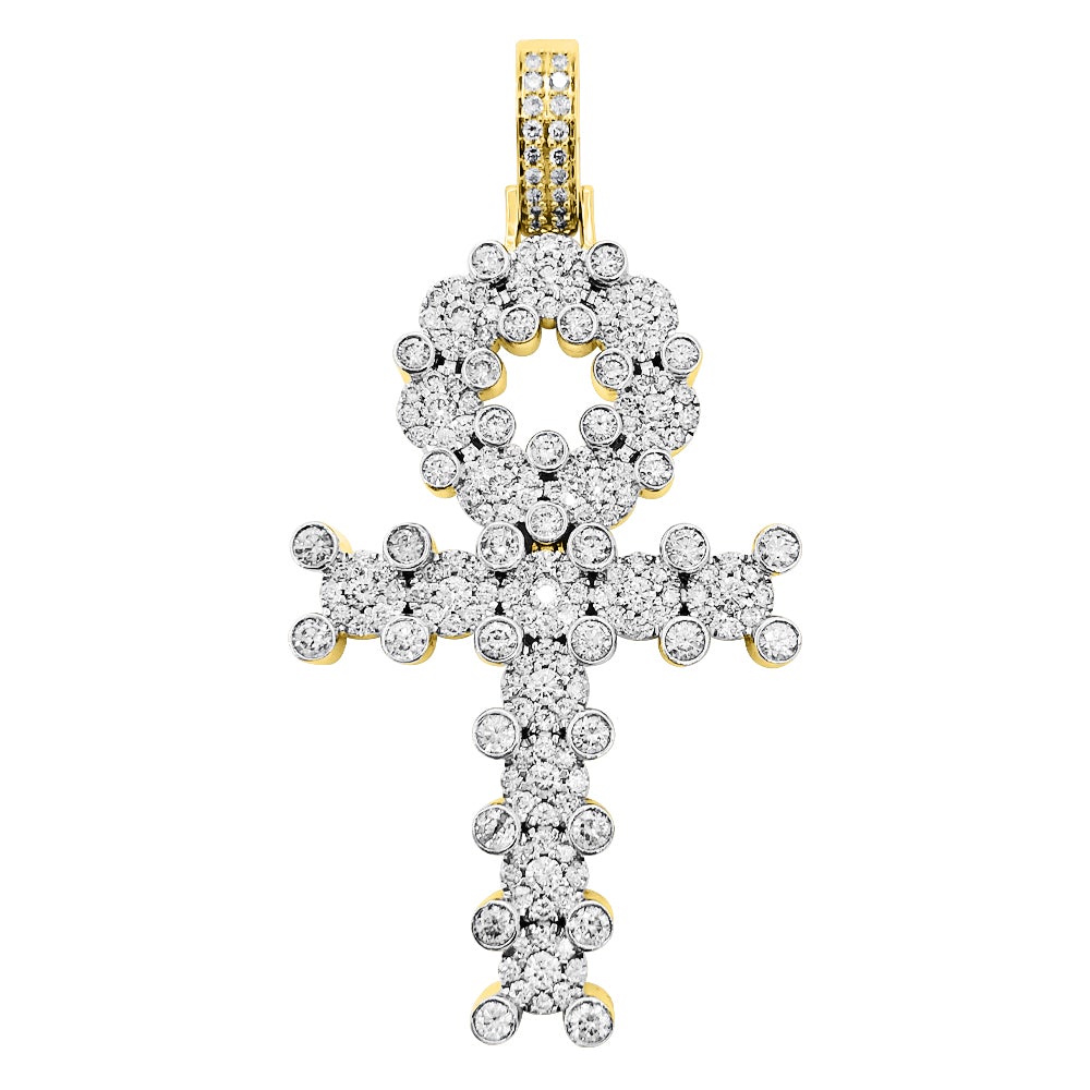 Ankh Cross Cluster Prong Diamond Pendant 3.51cttw 10K Yellow Gold HipHopBling